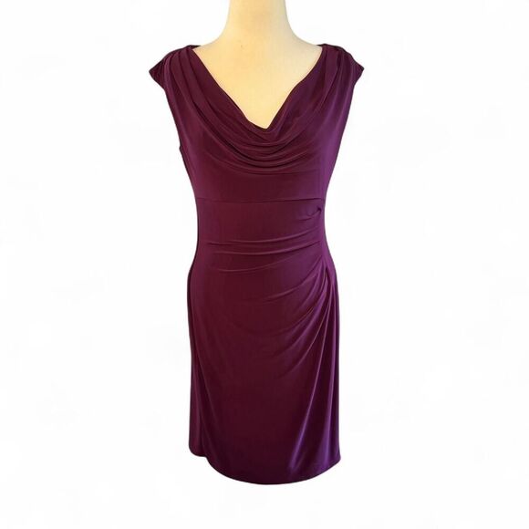 Lauren Ralph Lauren purple cowl neck side ruched stretch knee length dress 10 - Picture 1 of 6